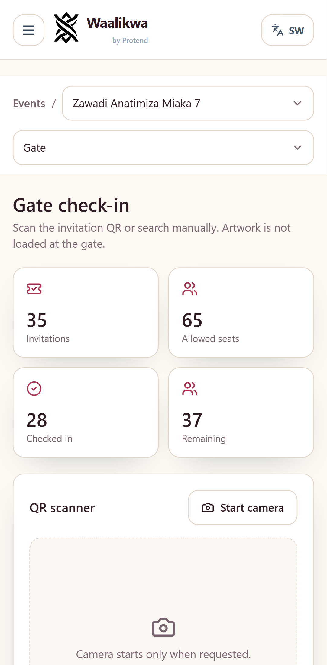 The check-in screen on a phone for a birthday party, showing a single running count of who has arrived.