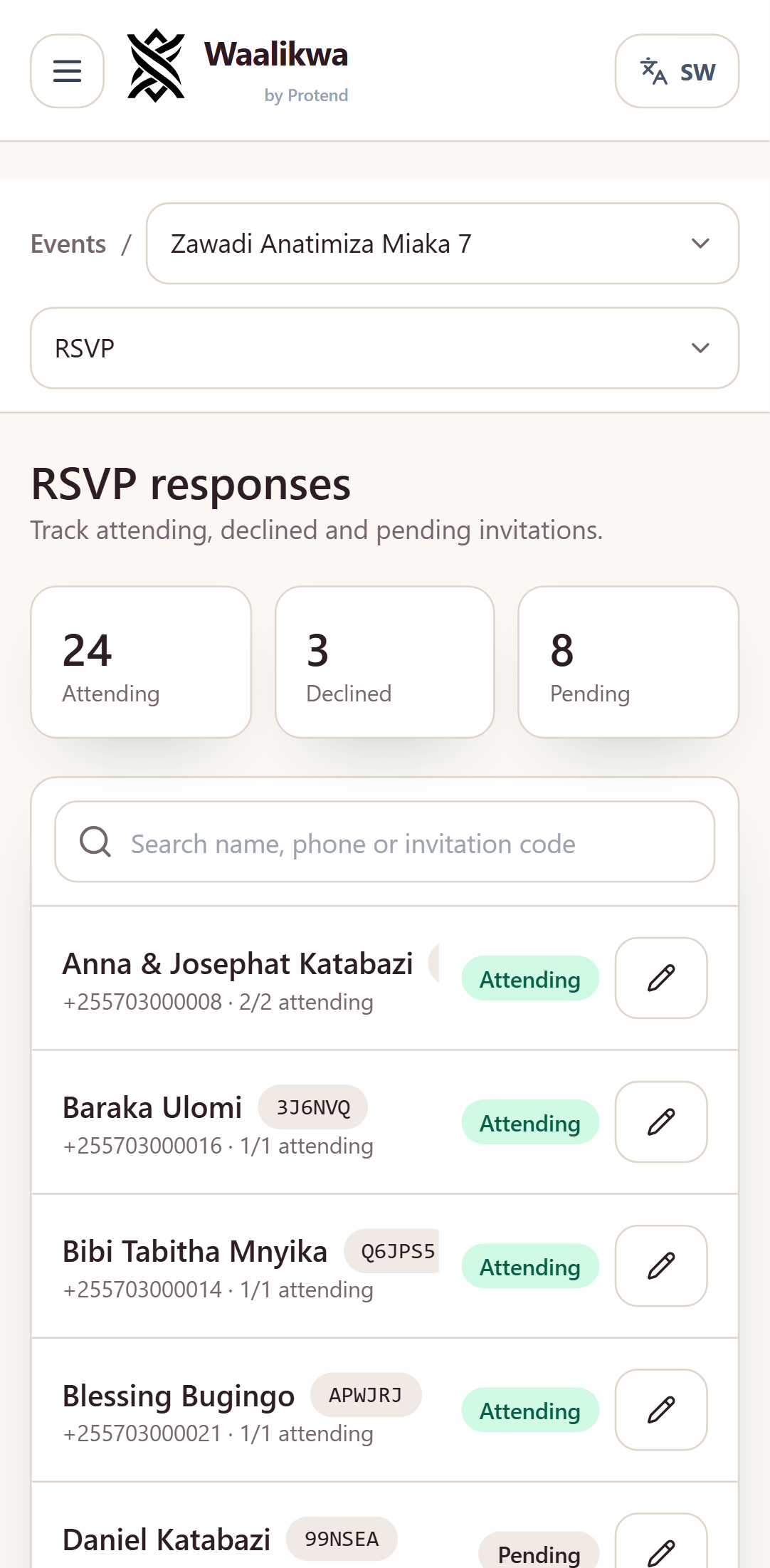 The RSVP screen for a birthday party, with counts of attending, declined and pending replies above a searchable list.