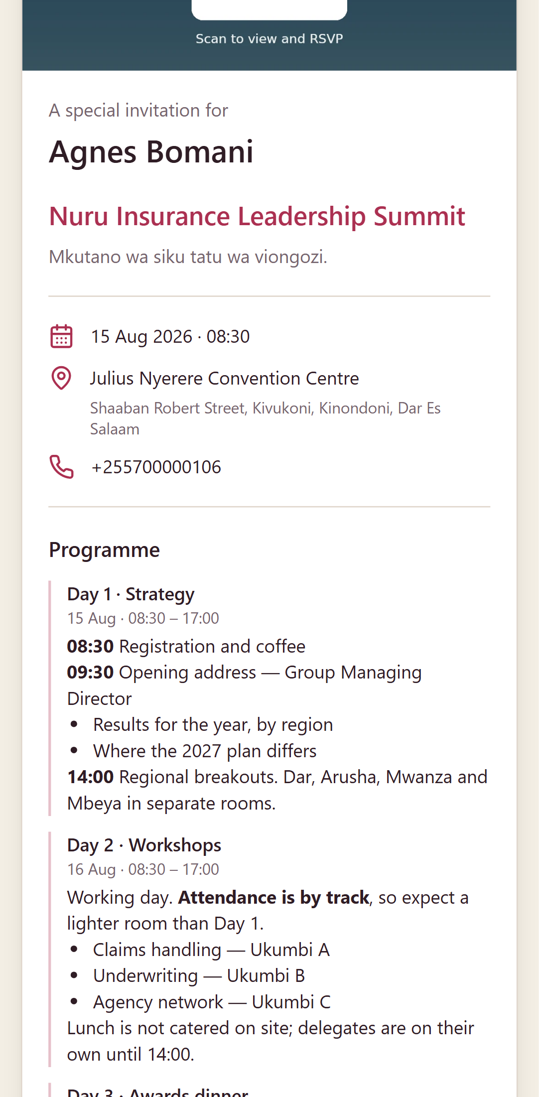 The three-day programme as a delegate sees it on their phone, each day listing its times, sessions and rooms.