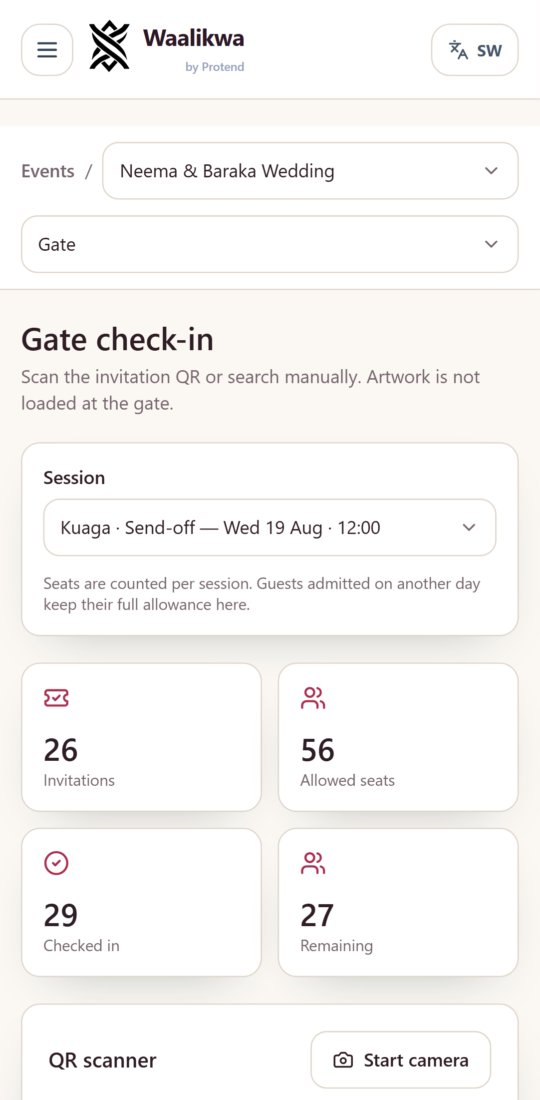 The gate check-in screen on a phone, showing a guest's remaining seats and the admit button.