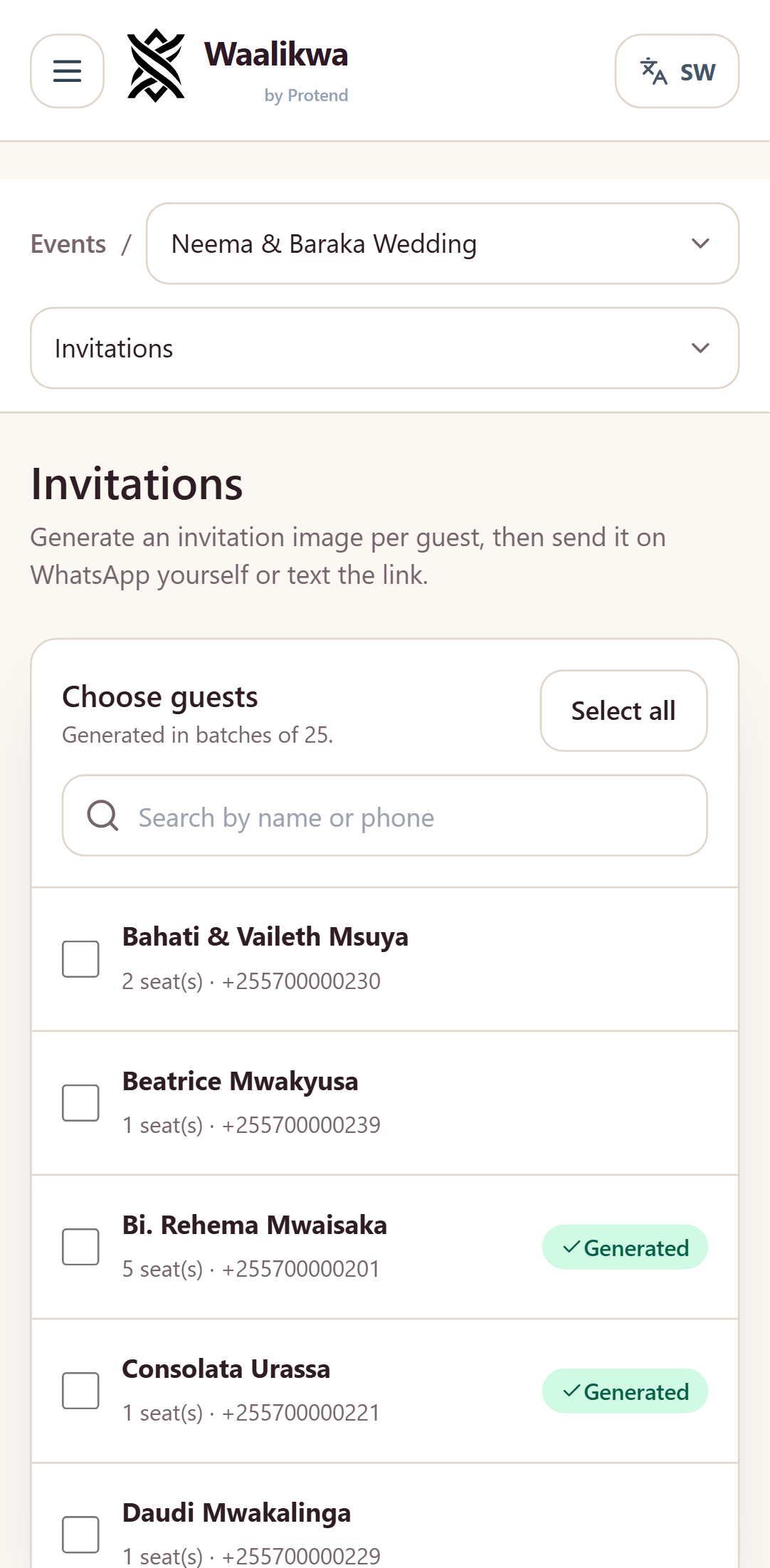 The invitations screen, showing generated invitation artwork for each guest with download and WhatsApp buttons.