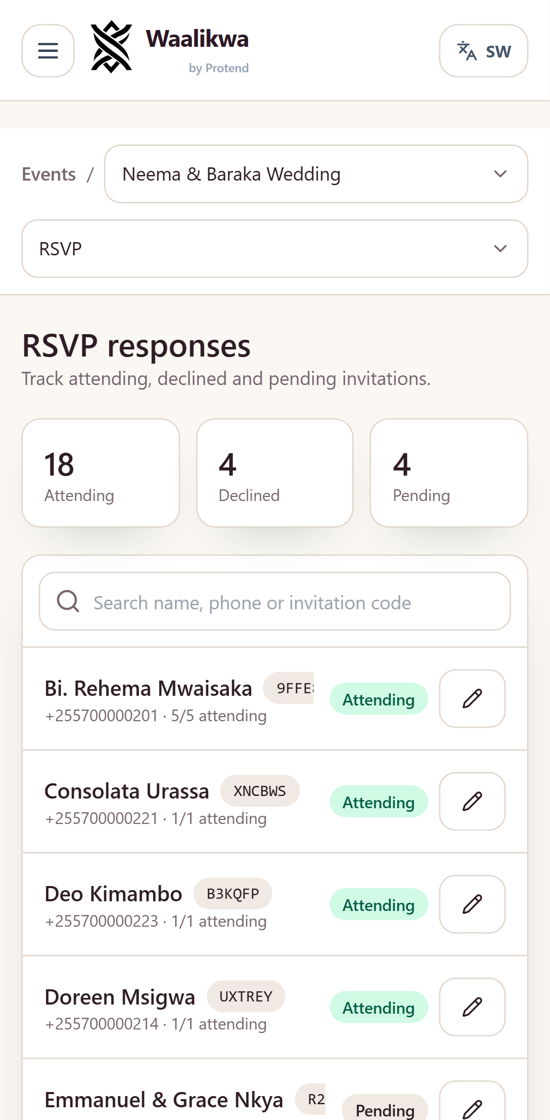 The RSVP screen, with filter cards for attending, declined and pending, and a searchable list of responses.