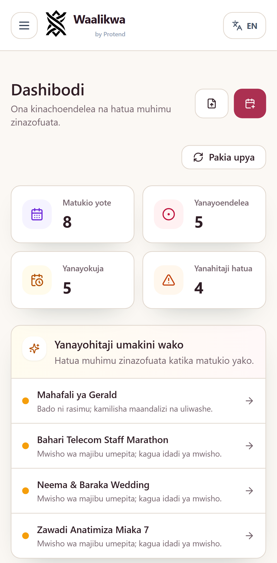 Dashibodi ya Waalikwa, ikionyesha idadi ya matukio, yanayohitaji uangalizi, na jedwali la matukio yajayo.