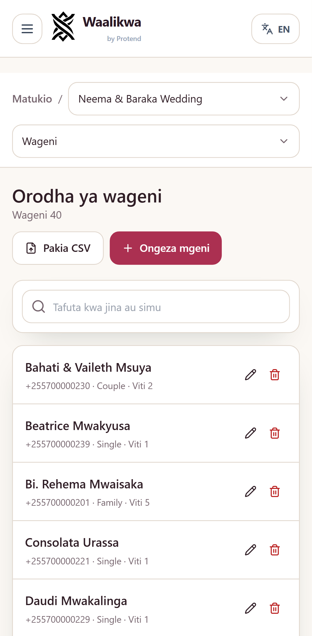 Orodha ya wageni wa harusi ndani ya Waalikwa, ikionyesha safu ya viti: familia zenye viti sita, vitano na vinne kando ya wanandoa wenye viwili.