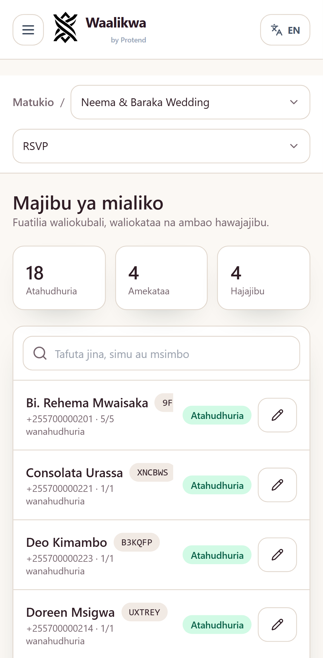Skrini ya majibu, ikiwa na kadi za kuchuja watakaohudhuria, waliokataa na wanaosubiri, na orodha ya majibu.